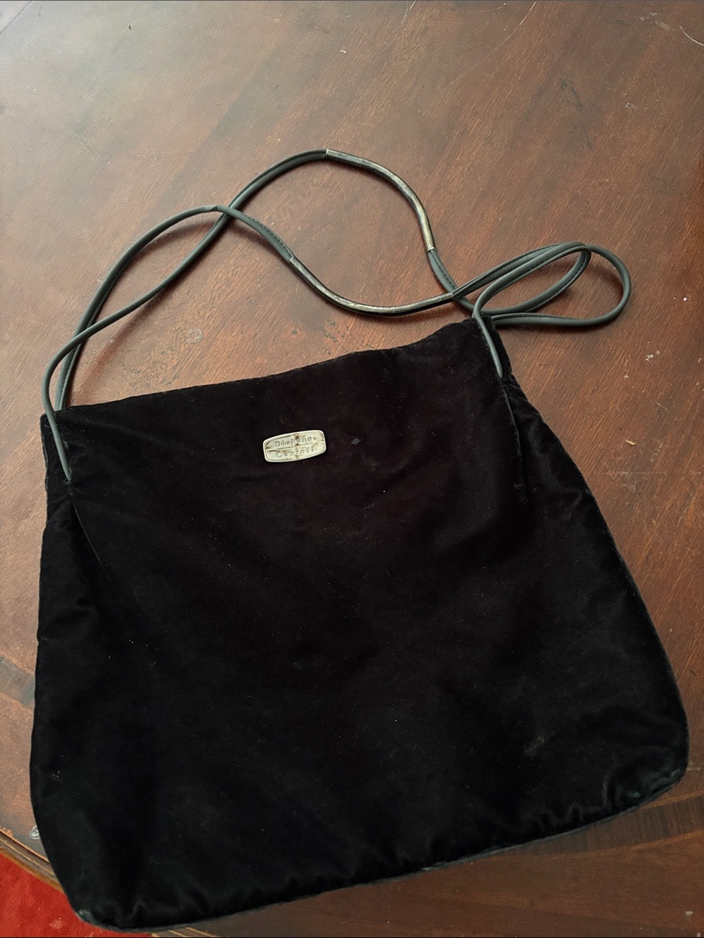Black Velvet Shoulder Bag with Slim Leather Strap
